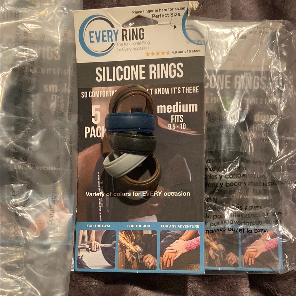 NWT Silicone Rings 5-Pack  Black, Blue, Gray,, Tan army fatigue. Multiple sizes.